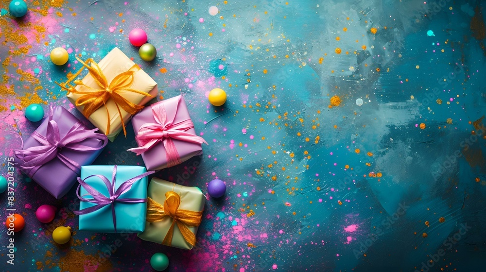 Colorful gift boxes on a blue background, Colorful gift boxes on a blue background,