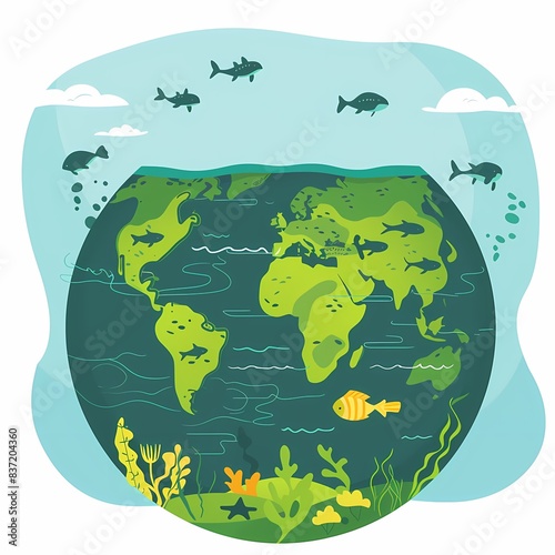 Vibrant Earth with Green Oceans: Marine Conservation Cartoon in Flat Design