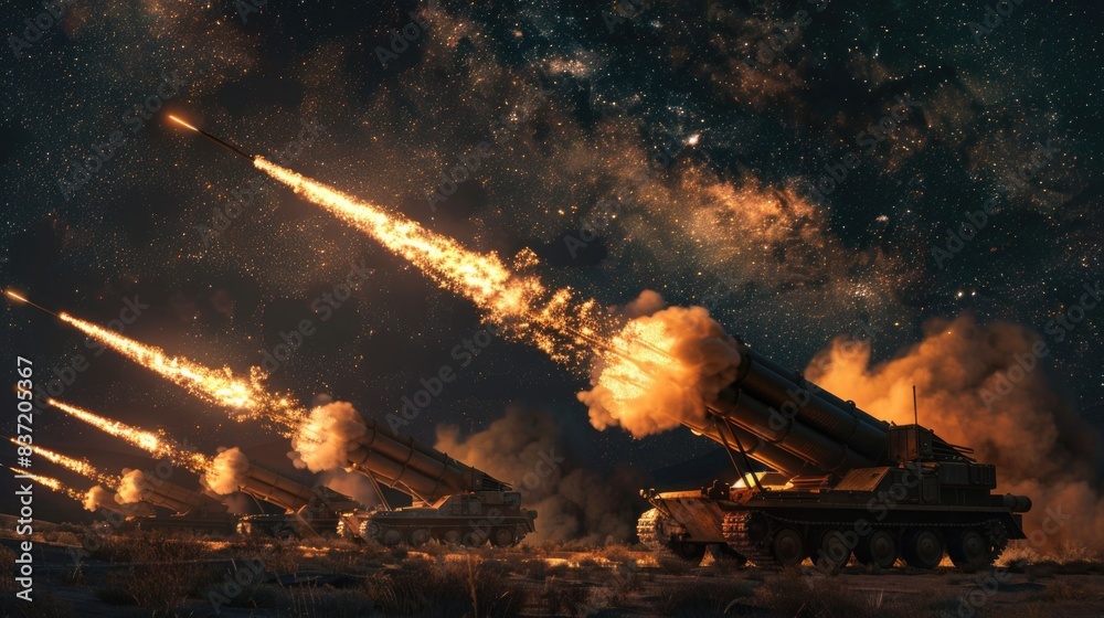 Artillery rocket systems fire at enemy positions at night. Multiple ...