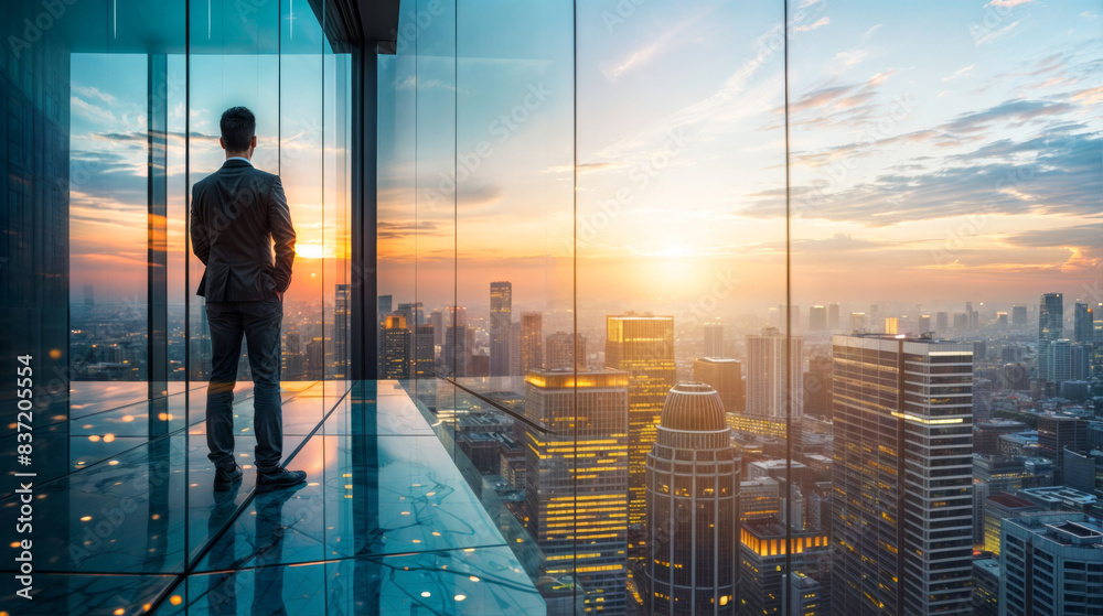 Fototapeta premium Businessman looking out window at city skyline during sunset