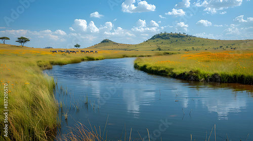 A vibrant nature savannah landscape with a herd of zebras grazing peacefully