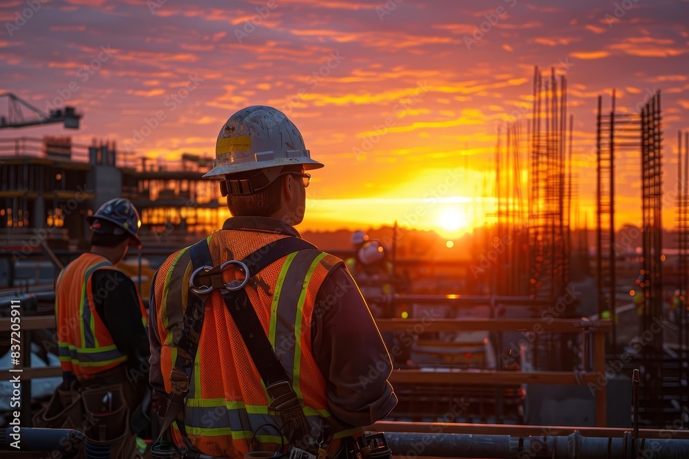 Construction site at sunrise, with workers preparing for the day