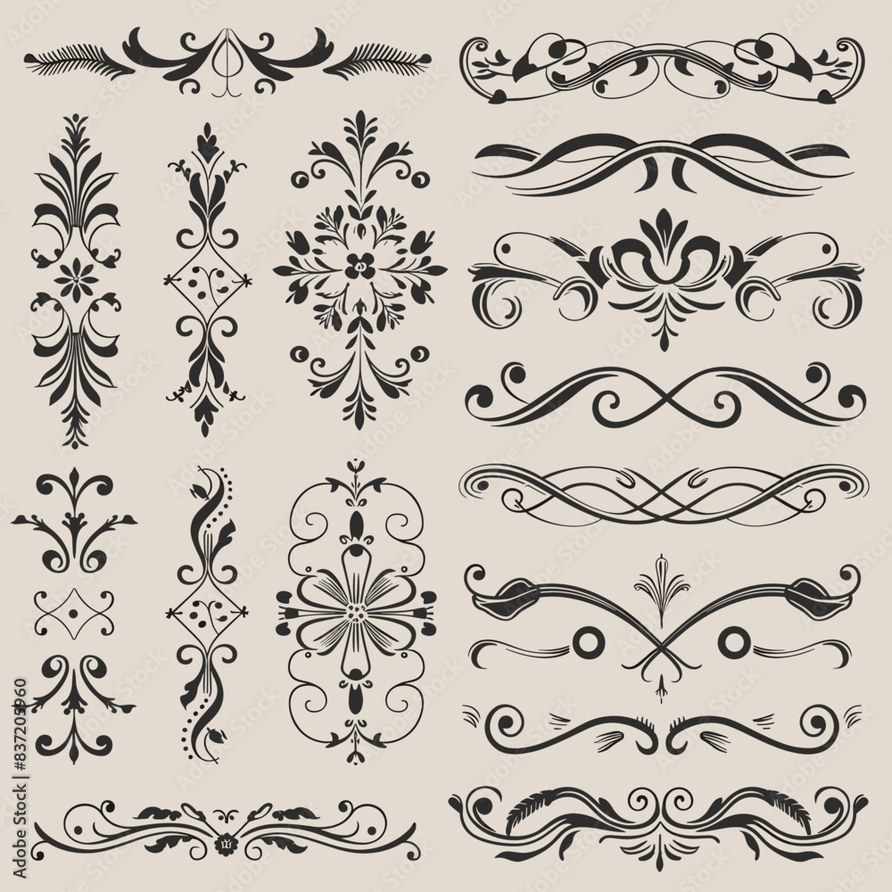 Decorative frames and flourishes adorn black and white designs. Decorative frames and flourishes adorn black and white designs.