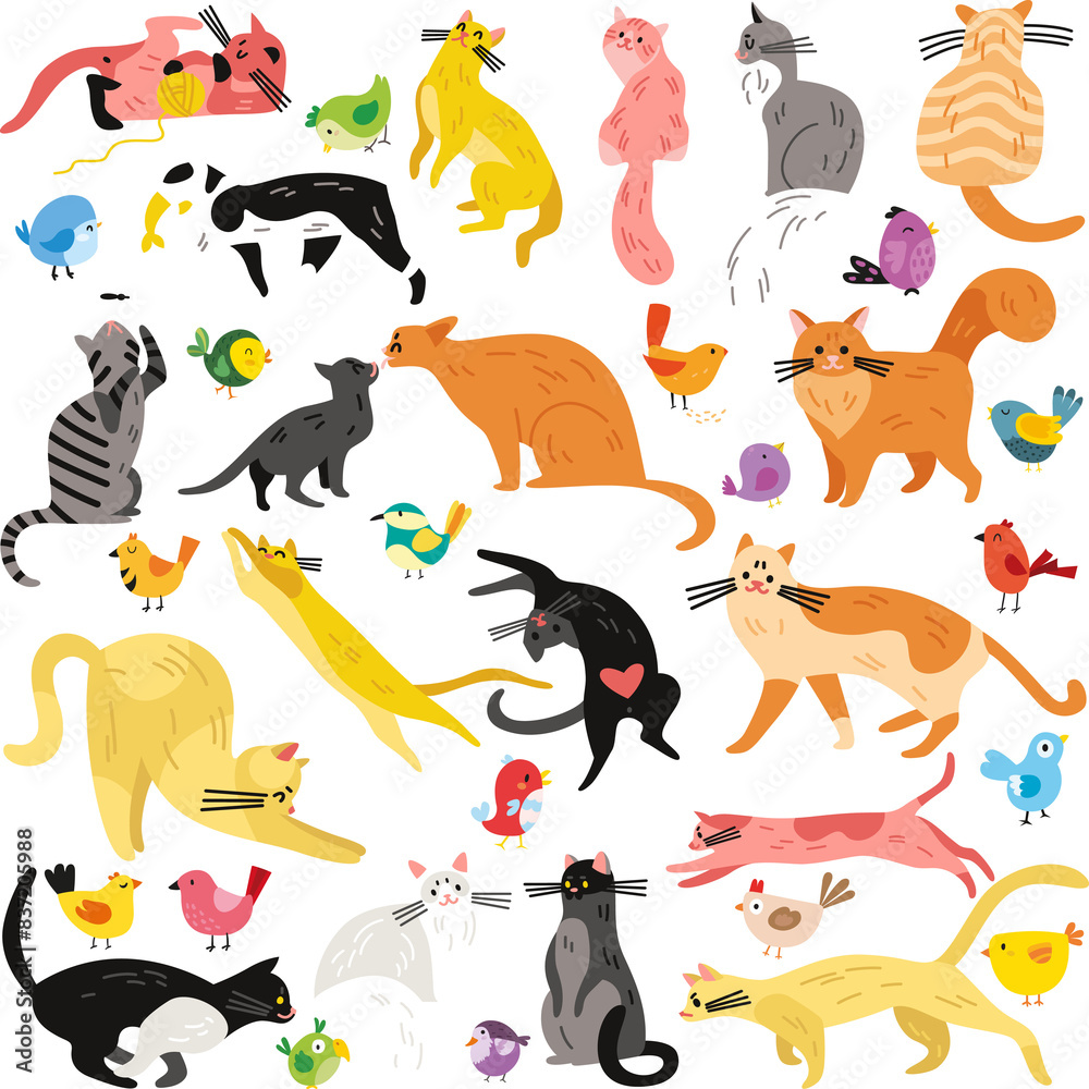 Seamless Pattern Cats and Birds Seamless Pattern Cats and Birds