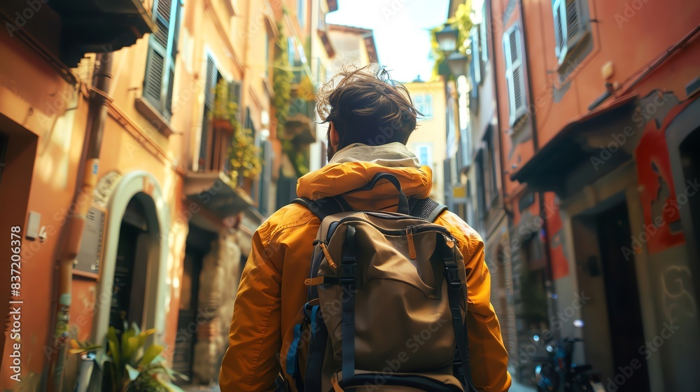 A traveler with a backpack walks down a narrow street in an old European city.