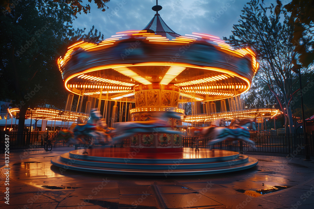 A beautiful carousel at a amusement park with twilight sky. Long exposure creating a magical atmosphere. A beautiful carousel at a amusement park with twilight sky. Long exposure creating a magical atmosphere.