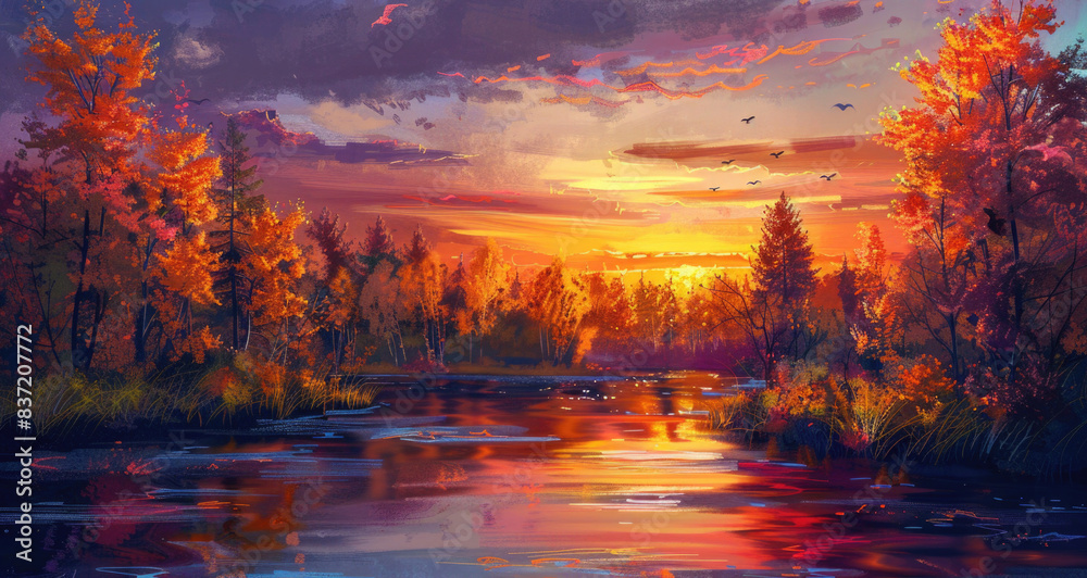Autumn landscape with colorful trees, river and sunset. Digital painting Autumn landscape with colorful trees, river and sunset. Digital painting