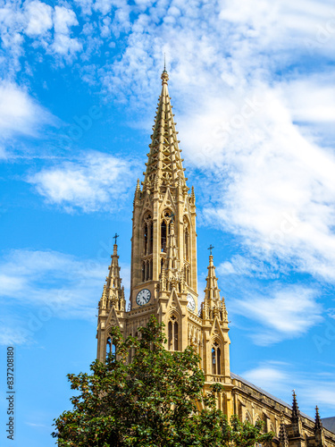 The bell tower of the Buen Pastor Cathedral (The Good Shepherd cathedral) of San Sebastian. Gipuzkoa, Basque Country, Spain.