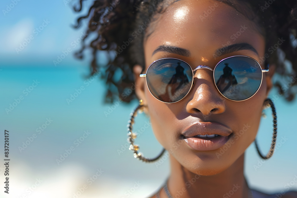 portrait photo of a stunning Black woman, close-up on the sunglasses portrait photo of a stunning Black woman, close-up on the sunglasses