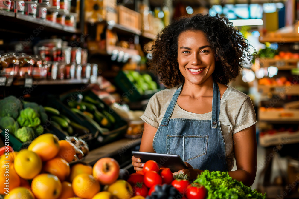 Smiling female vendor holding a tablet in a vibrant market stall with a variety of fresh fruits and vegetables. Perfect for concepts related to small business, organic produce, and healthy eating. Smiling female vendor holding a tablet in a vibrant market stall with a variety of fresh fruits and vegetables. Perfect for concepts related to small business, organic produce, and healthy eating.