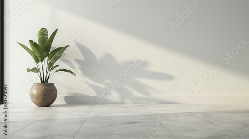  minimalist background with a white wall and light gray floor tiles for a clean, modern look. © Chuemon