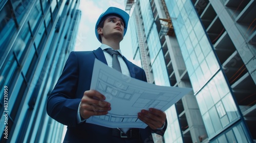 Portrait of young architector wuth blueprint in his arms. View from the bottom. photo