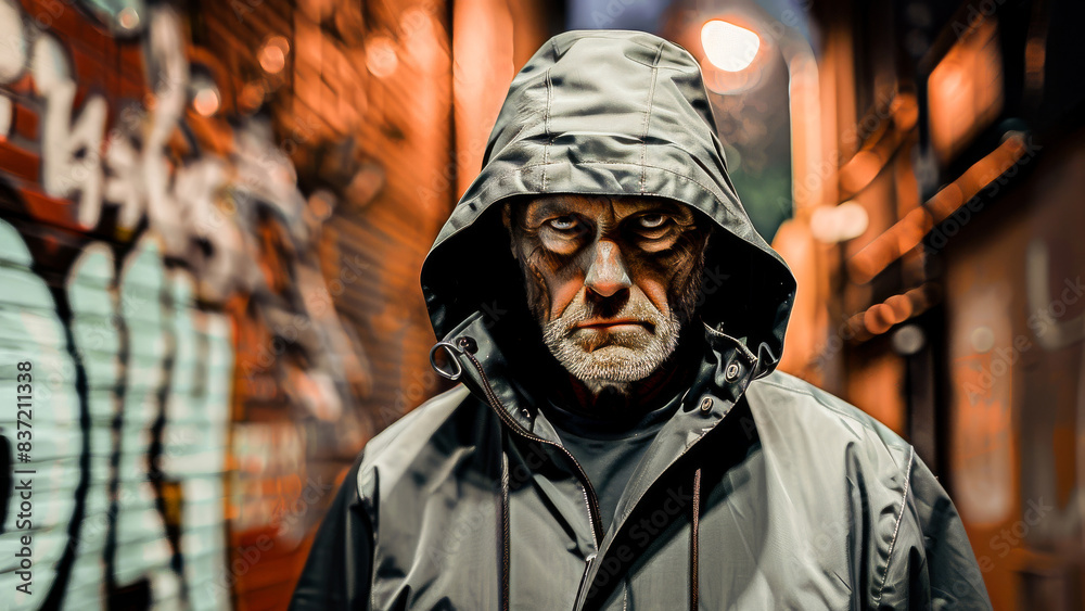 A stern, hooded elderly man stands in an alley with graffiti-covered walls, showing a tough, intense expression under dramatic lighting. A stern, hooded elderly man stands in an alley with graffiti-covered walls, showing a tough, intense expression under dramatic lighting.