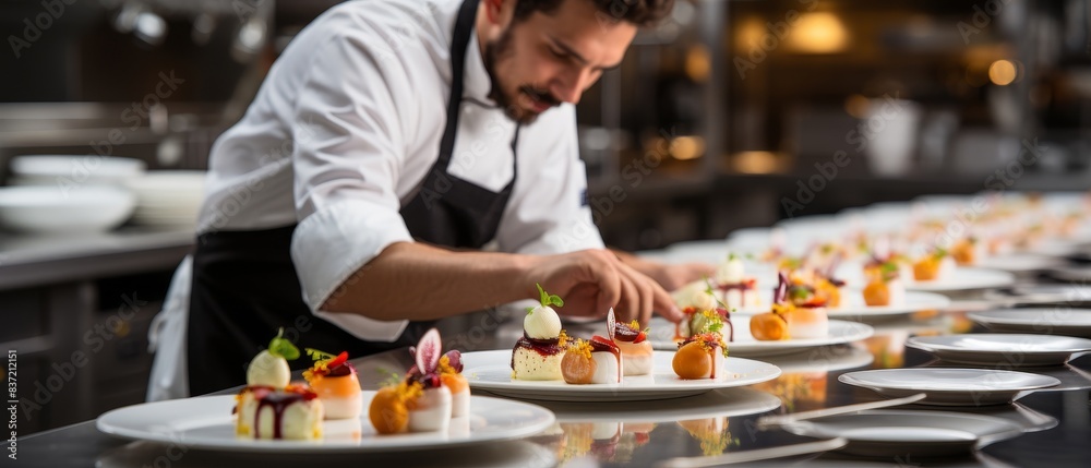 Chef professionally arranges food on plates in the kitchen Chef professionally arranges food on plates in the kitchen