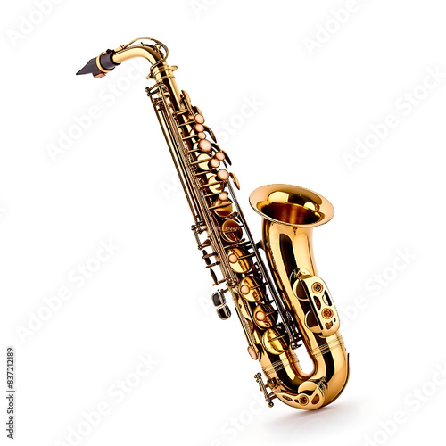 High-Quality Image of a Shiny Gold Saxophone Isolated on a White Background  Perfect for Music  Instrument  and Jazz-Themed Projects  Ideal for Stock Photo Use in Various Creative and Commercial