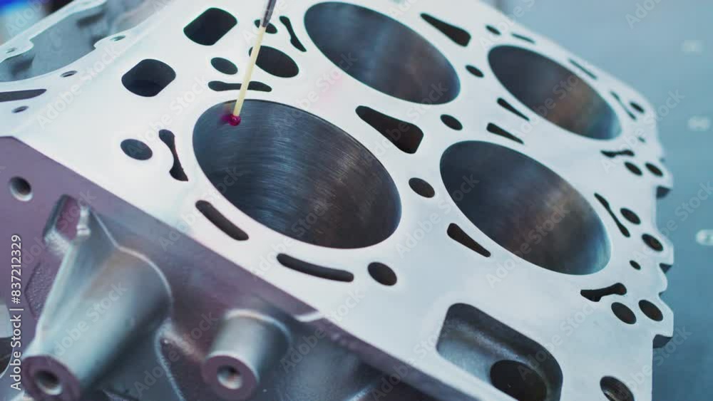 Modern industrial technologies. Metalworking. Coordinate Measuring Machine Using a Ruby Red Torch Probe to Measure Tolerances of Parts in a Manufacturing Facility Modern industrial technologies. Metalworking. Coordinate Measuring Machine Using a Ruby Red Torch Probe to Measure Tolerances of Parts in a Manufacturing Facility