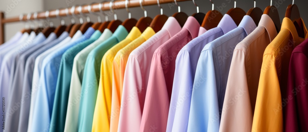 Vibrant collection of colorful shirts neatly hanging on wooden hangers in a wardrobe, showcasing a variety of fashion and textile materials. Vibrant collection of colorful shirts neatly hanging on wooden hangers in a wardrobe, showcasing a variety of fashion and textile materials.