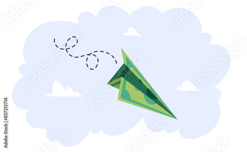 Money airplane paper banknote fly isolated set concept. Vector flat graphic design illustration