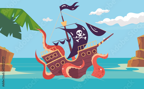 Pirate ship fight with kraken concept. Vector flat graphic design illustration