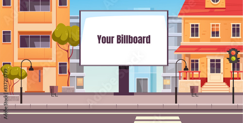Empty city billboard on street concept. Vector graphic design illustration
