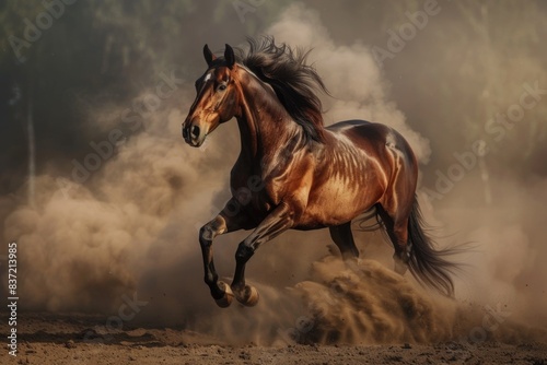 Beautiful bay horse galloping in the dust on a dark background.