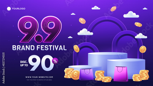 9.9 Shopping day sale poster or flyer design with podium scene for social media and website.
