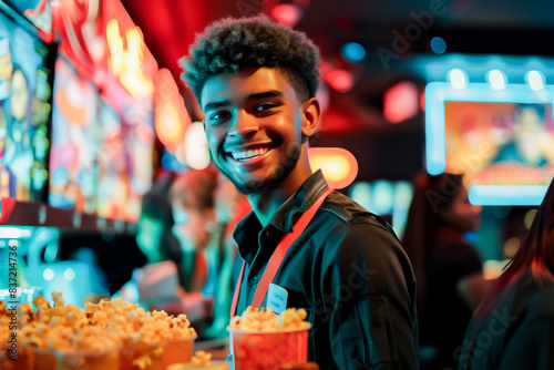 A smiling cinema employee at the concession stand, offering popcorn and providing excellent customer service in a vibrant movie theater environment. photo