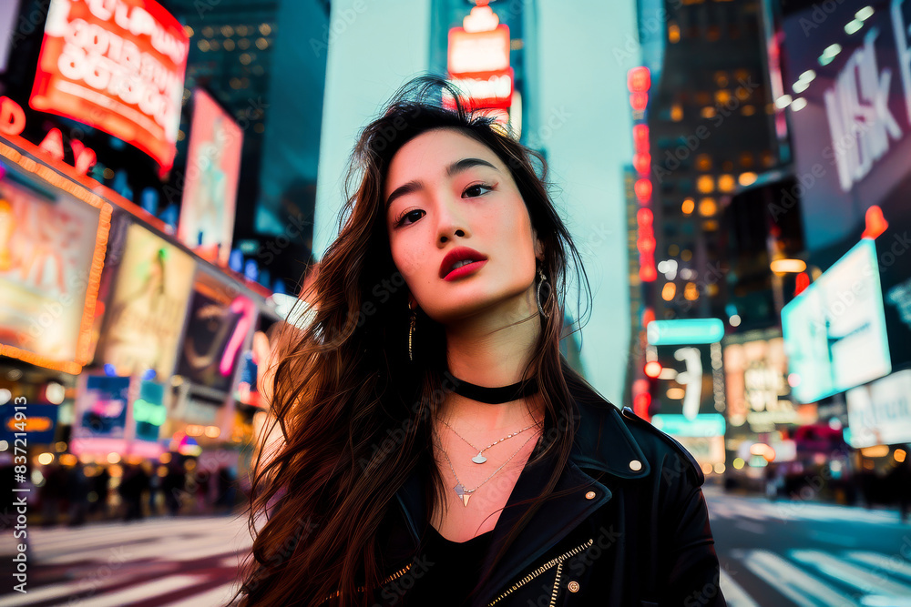 Portrait of a fashionable woman in a vibrant urban cityscape filled with neon lights and bustling streets at night. Portrait of a fashionable woman in a vibrant urban cityscape filled with neon lights and bustling streets at night.