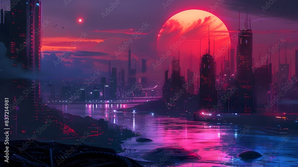 Obraz premium Crimson Sunset Over Futuristic City with Neon Lights