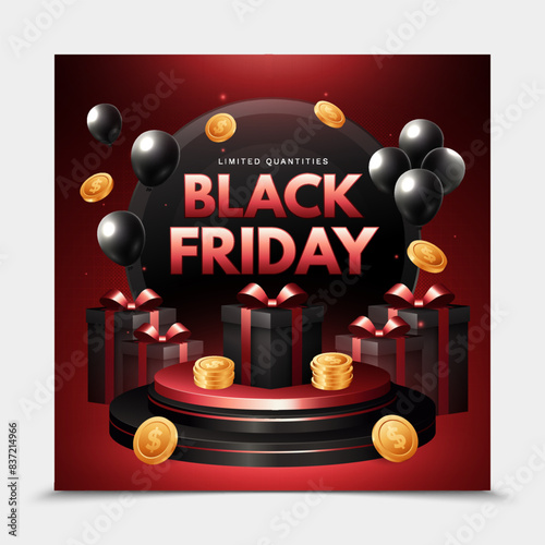 Black Friday poster with black gift box,coins,coupon,shopping bag and product podium scene.
