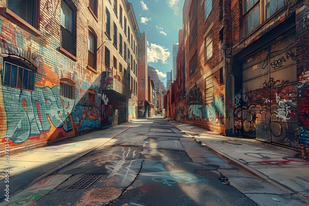 Naklejka premium Panoramic view of an abandoned urban alleyway, filled with colorful, thought-provoking street art, shadows cast dramatically, evoking feelings of isolation and introspection, photorealistic style