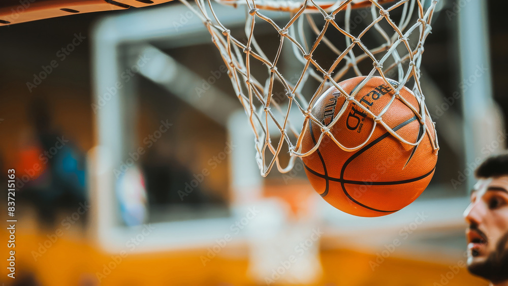Close-up shot of a basketball going through the hoop during a game. Captures the excitement and action of the sport. Close-up shot of a basketball going through the hoop during a game. Captures the excitement and action of the sport.