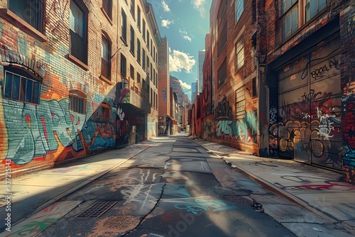 Panoramic view of an abandoned urban alleyway, filled with colorful, thought-provoking street art, shadows cast dramatically, evoking feelings of isolation and introspection, photorealistic style