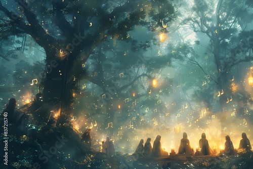 Long shot of a surreal philosophical debate in an enchanted forest, wise sages and musicians exchanging profound thoughts, glowing musical notes floating around, watercolor style, rich color palette photo