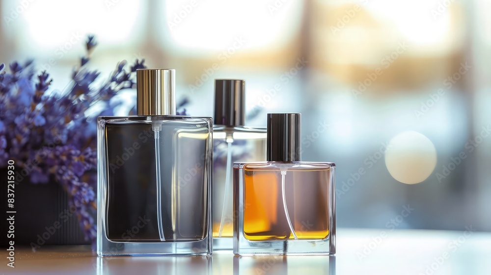 Modern and minimalist perfume bottles displayed with a blurred lavender background, focusing on the sleek lines and contemporary designs of the bottles. Modern and minimalist perfume bottles displayed with a blurred lavender background, focusing on the sleek lines and contemporary designs of the bottles.