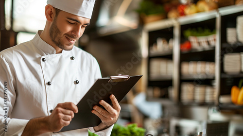 Fototapeta Naklejka Na Ścianę i Meble -  A chef with a clipboard who inspects the quality of dishes. His precise analysis and determined facial expression emphasize his attention to perfection and concern for guest satisfaction.