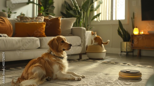 Cozy Modern Living Room with Pet-Friendly Decor, Dog Playing with Toy and Cat Scratching Post in Stylish Setting