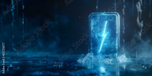 Neon Blue-Lit Abstract Ice Sculpture Shaped Like a Battery, with Lightning Bolt Icon. Concept Ice sculpture, Neon light, Abstract art, Battery shape, Lightning bolt icon