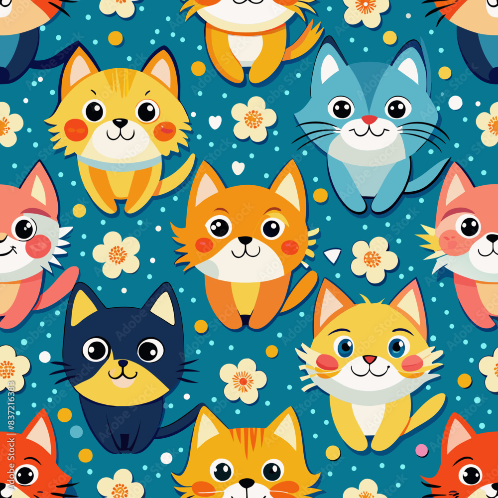 Seamless pattern with cute and funny cats. An idea for print t-shirts, kids envelopes, posters, postcards, books Seamless pattern with cute and funny cats. An idea for print t-shirts, kids envelopes, posters, postcards, books