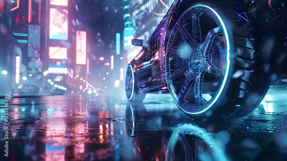 Obraz premium Holographic Patterned Automotive Wheel in a Futuristic Cityscape
