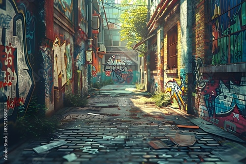 Panoramic view of an abandoned urban alleyway, filled with colorful, thought-provoking street art, shadows cast dramatically, evoking feelings of isolation and introspection, photorealistic style