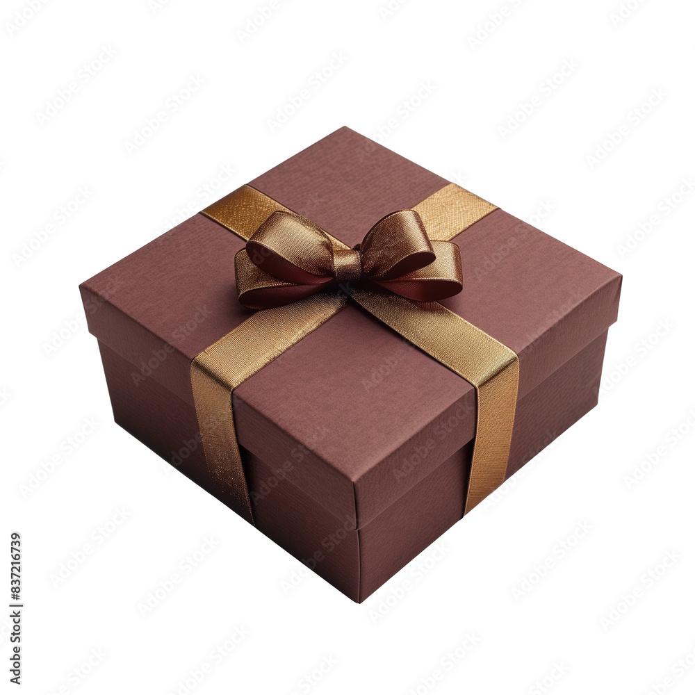 A brown box with gold ribbon and a bow on top A brown box with gold ribbon and a bow on top