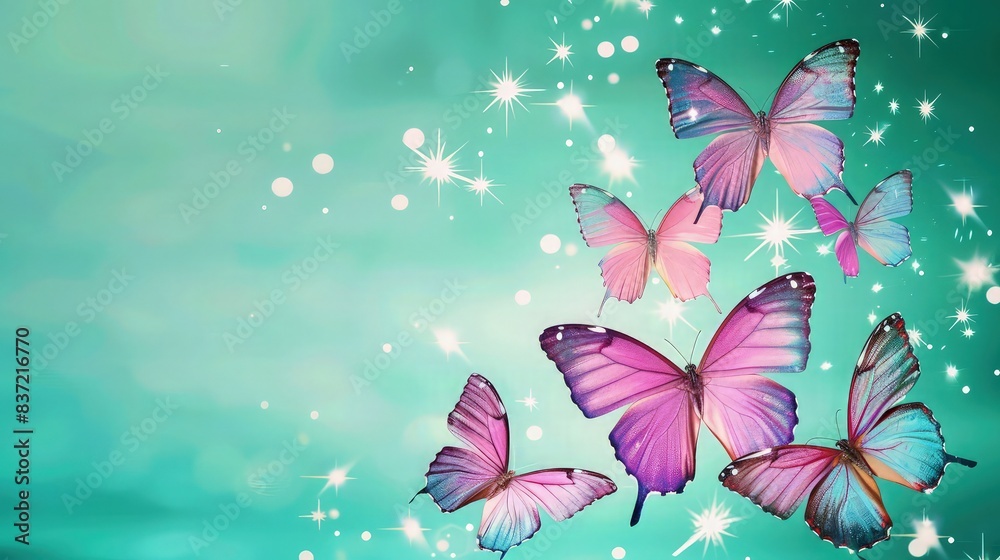 Purple and pink minimalist butterflies set against a pastel turquoise backdrop, with white shiny stars creating a dreamlike quality that feels both serene and enchanting. Purple and pink minimalist butterflies set against a pastel turquoise backdrop, with white shiny stars creating a dreamlike quality that feels both serene and enchanting.