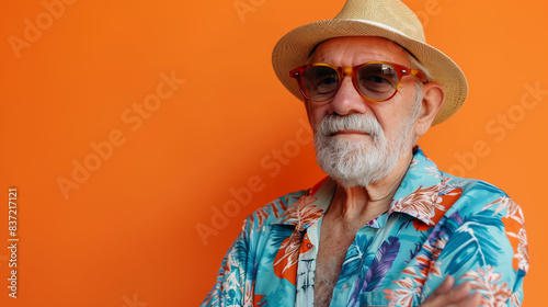 Senior Man with Grey Hair on Orange Background