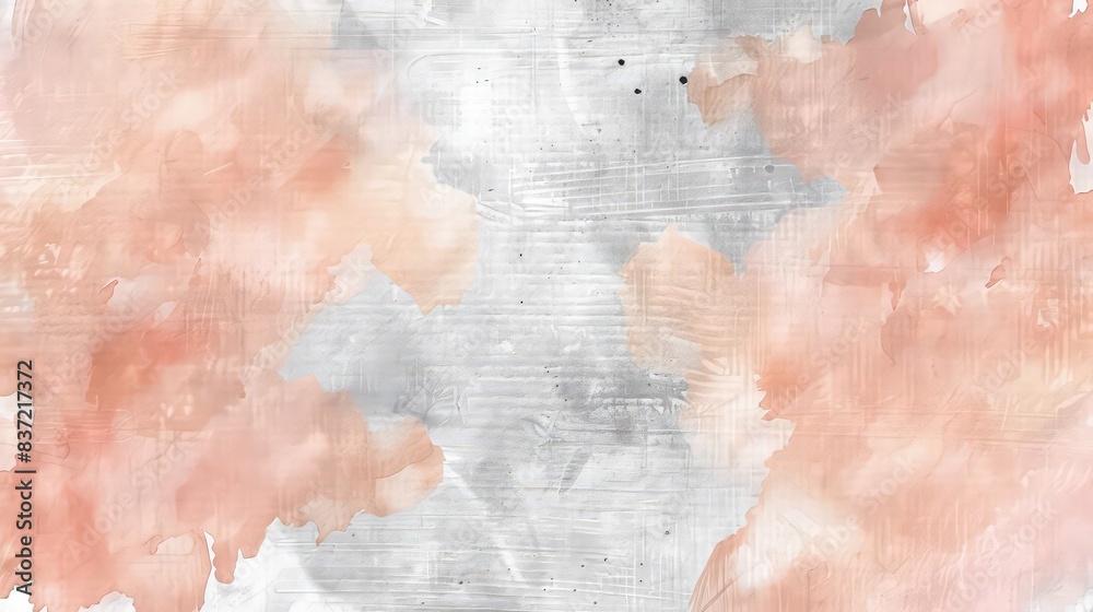 Fototapeta premium Horizontal banner with blended peach and grey watercolor shapes creating a diffuse, airy texture ideal for ethereal website headers.