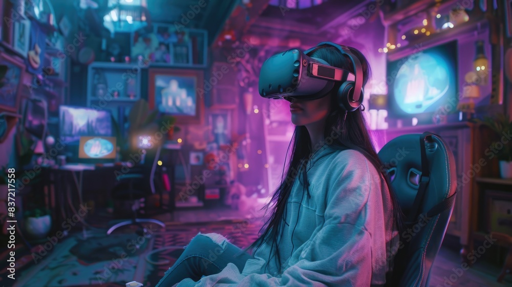 Beautiful woman gamer in a virtual reality headset in a fairytale metaverse