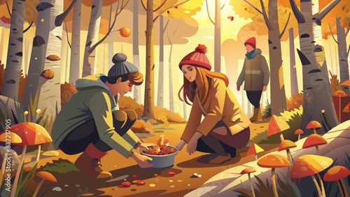 Autumn Forest Adventure: Couple Gathering Mushrooms with Onlooker