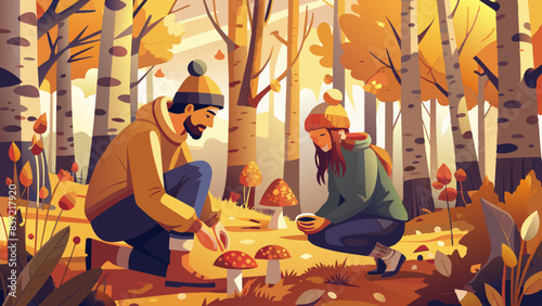 Autumn Adventure: Happy Couple Enjoying Forest Mushroom Picking