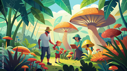 Family Adventure in Enchanted Forest with Giant Mushrooms