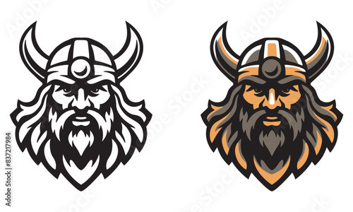 Head of bearded viking warrior with horned helmet. Logo man with a beard. Vector illustration.